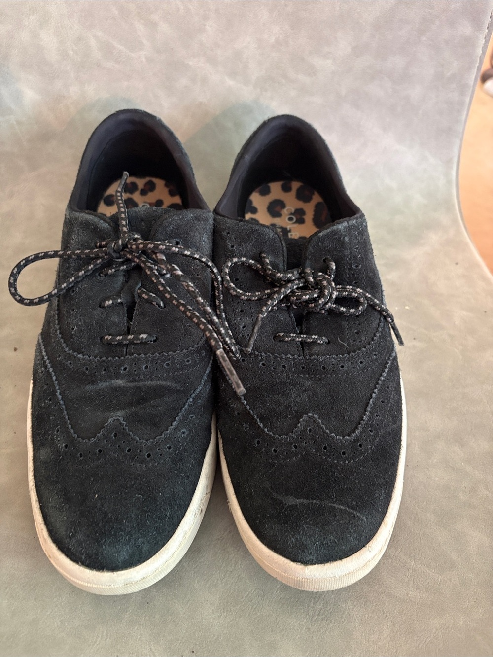 Cole Haan Black Suede Brogue-Style Sneakers with Leopard Insole